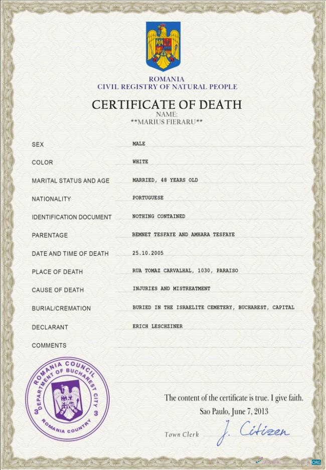 Download Romania death certificate PSD template Photoshop template